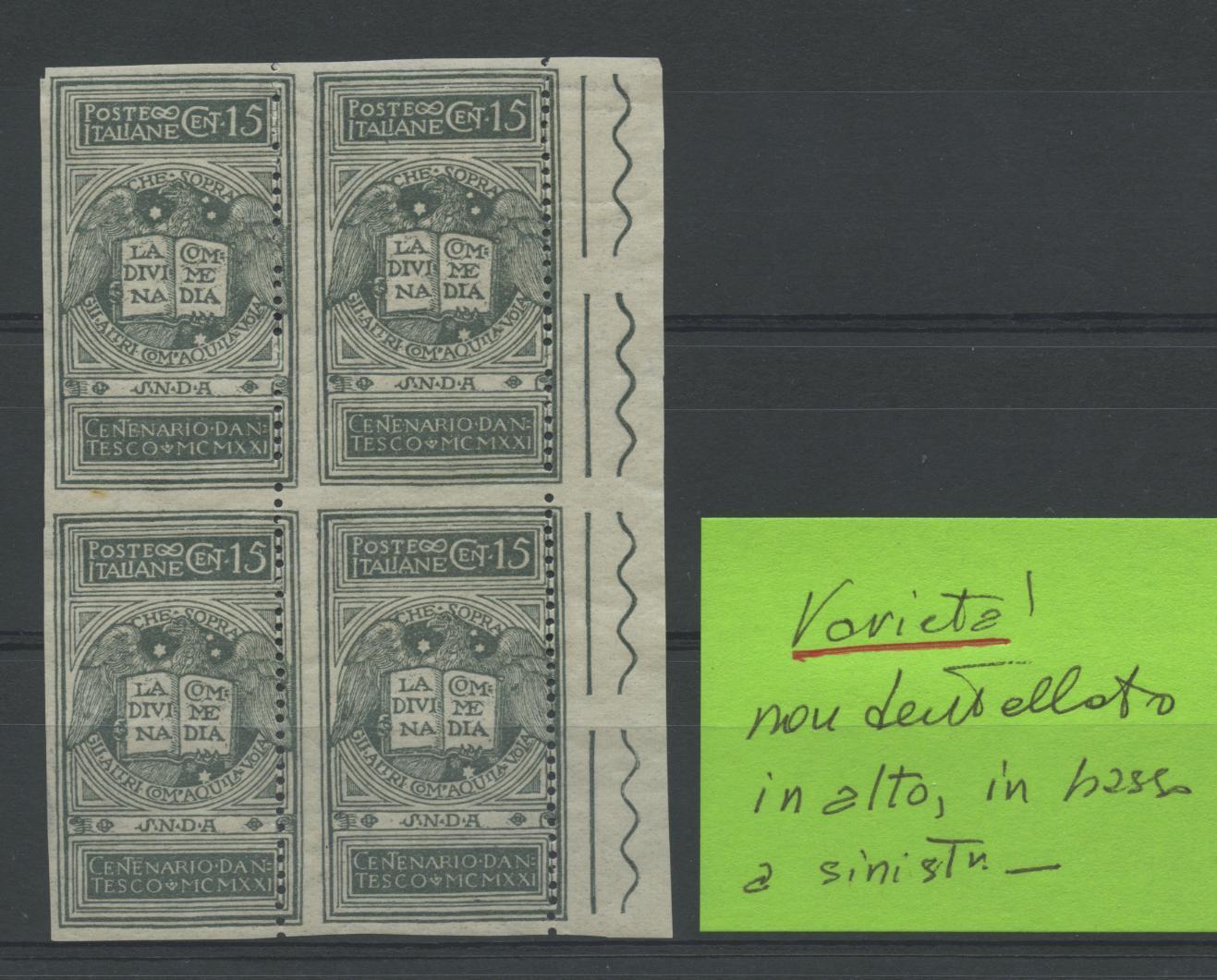 Scansione lotto: REGNO 1921 DANTE N.E. VARIETA' X4 ** LUSSO CERT.