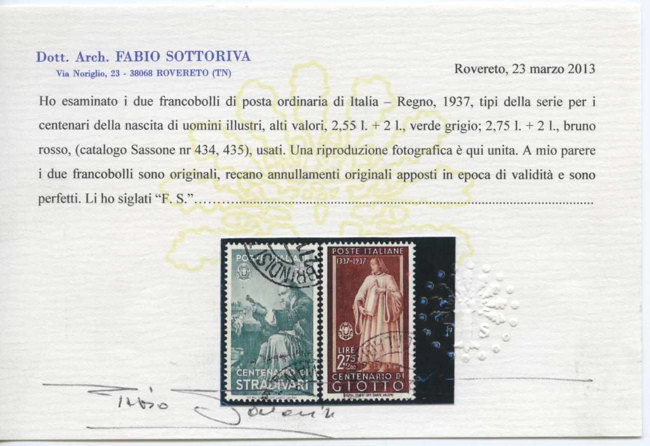 Scansione lotto: REGNO 1937 ILLUSTRI 10V.(originale) 6 US.  CERT.