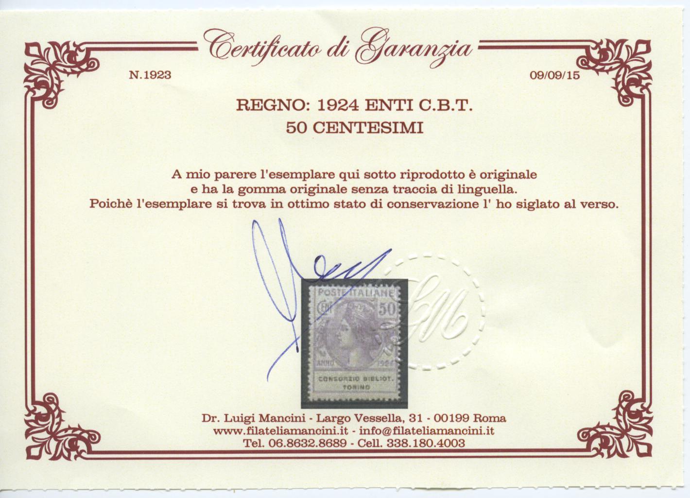 Scansione lotto: REGNO 1924 ENTI C.B.T. 4V. 3 **  CERT.