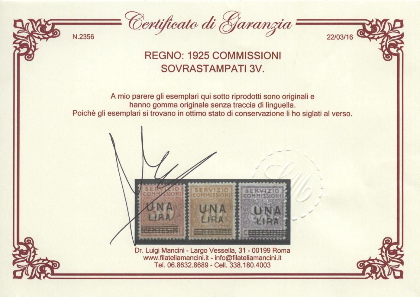 Scansione lotto: REGNO 1925 COMMISSIONI SOVR. 3V. 3 **  CERT.