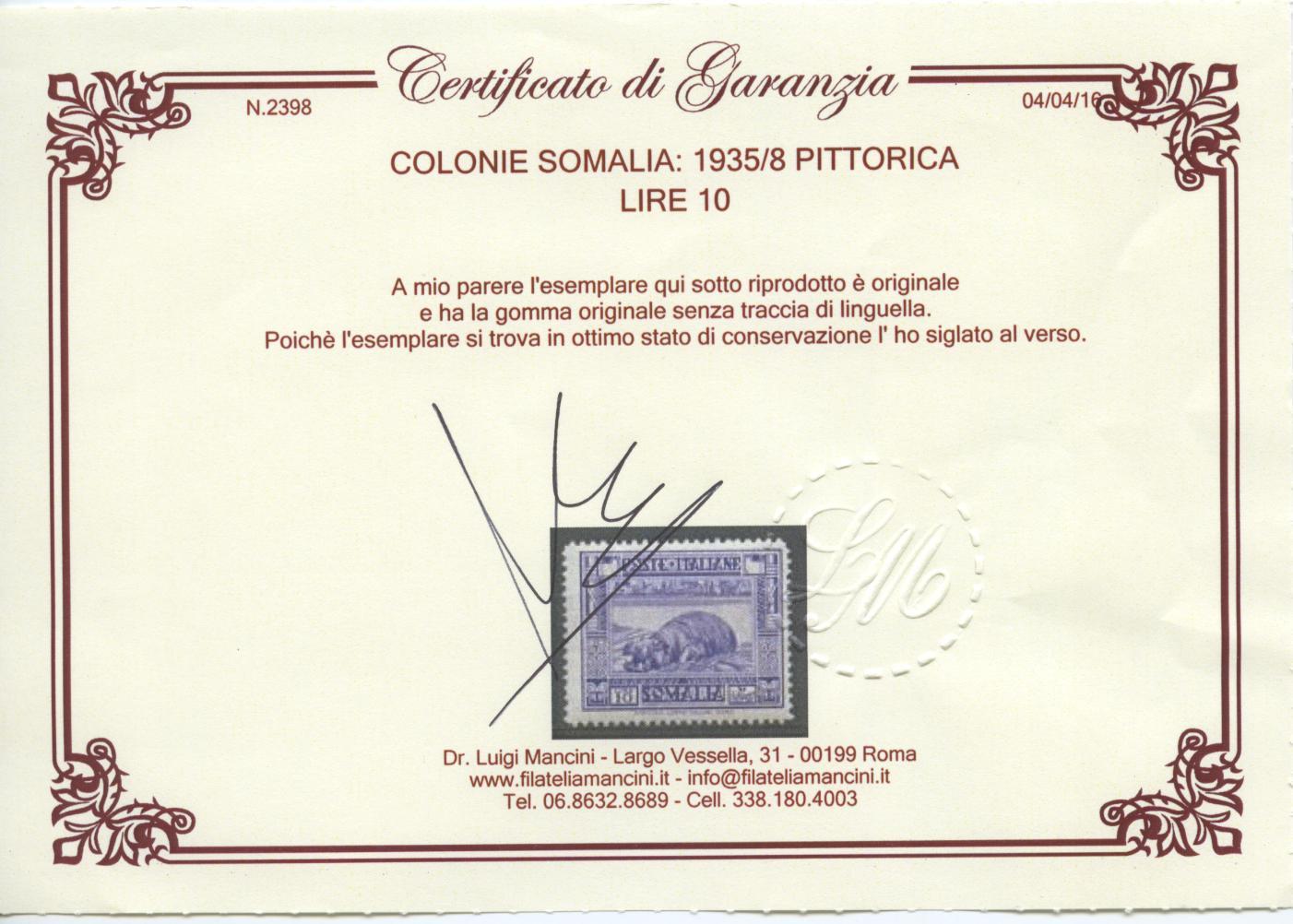 Scansione lotto: COLONIE SOMALIA 1935/8 PITTORICA L.10 **  CERT.