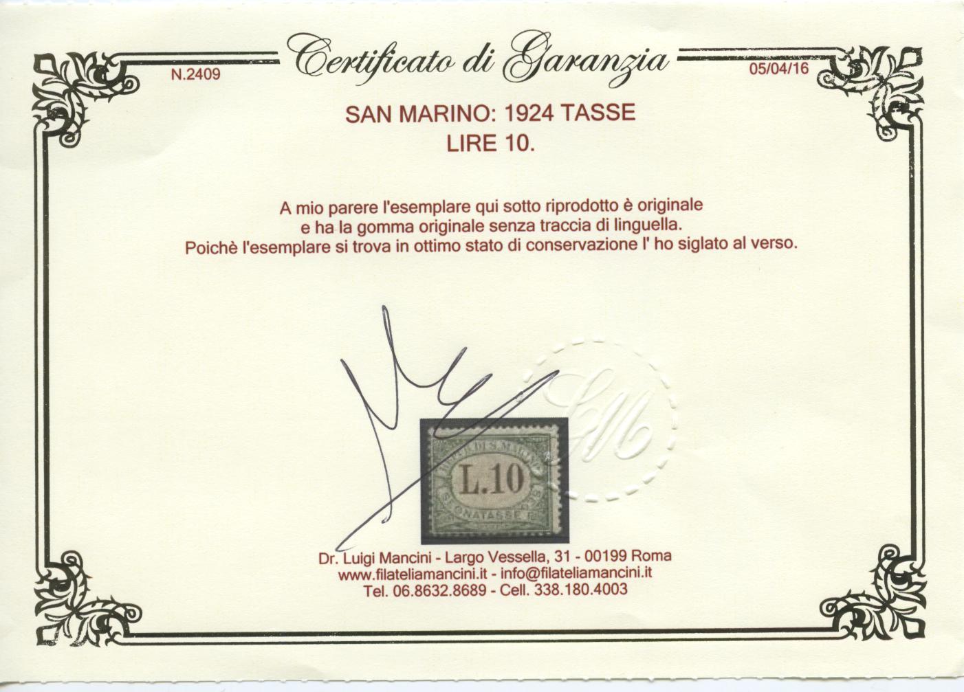 Scansione lotto: SAN MARINO 1924 TASSE RARA 9V. 5 **  CERT.