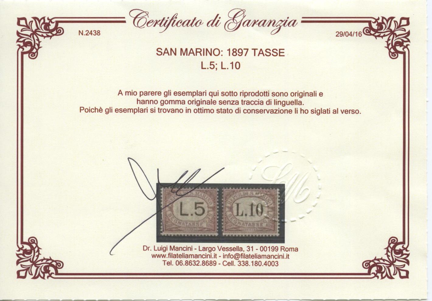 Scansione lotto: SAN MARINO 1897 TASSE 9V. 3 **  CERT.