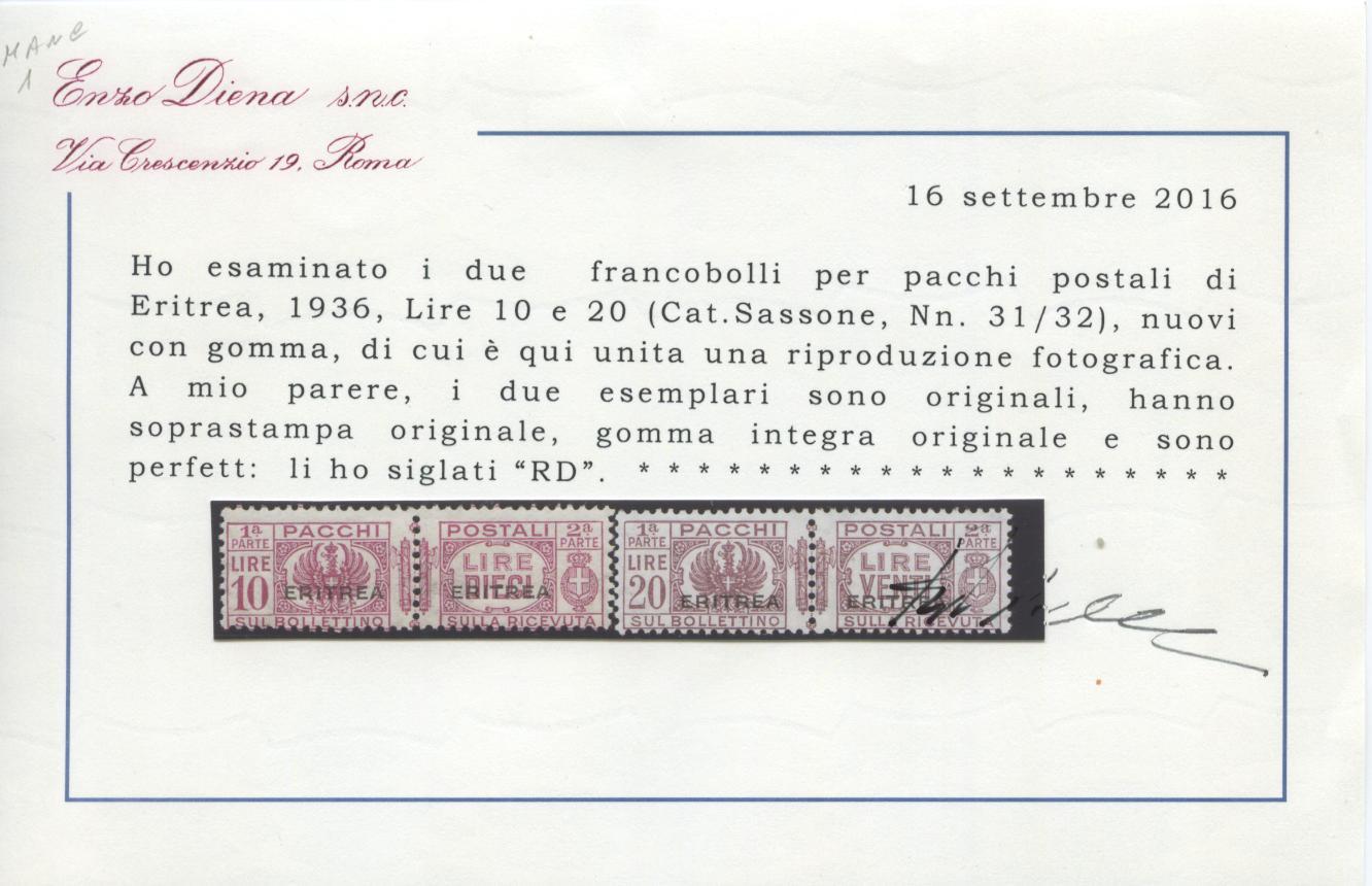 Scansione lotto: COLONIE ERITREA 1927/37 PACCHI L.10 E L.20 2 **  CERT.