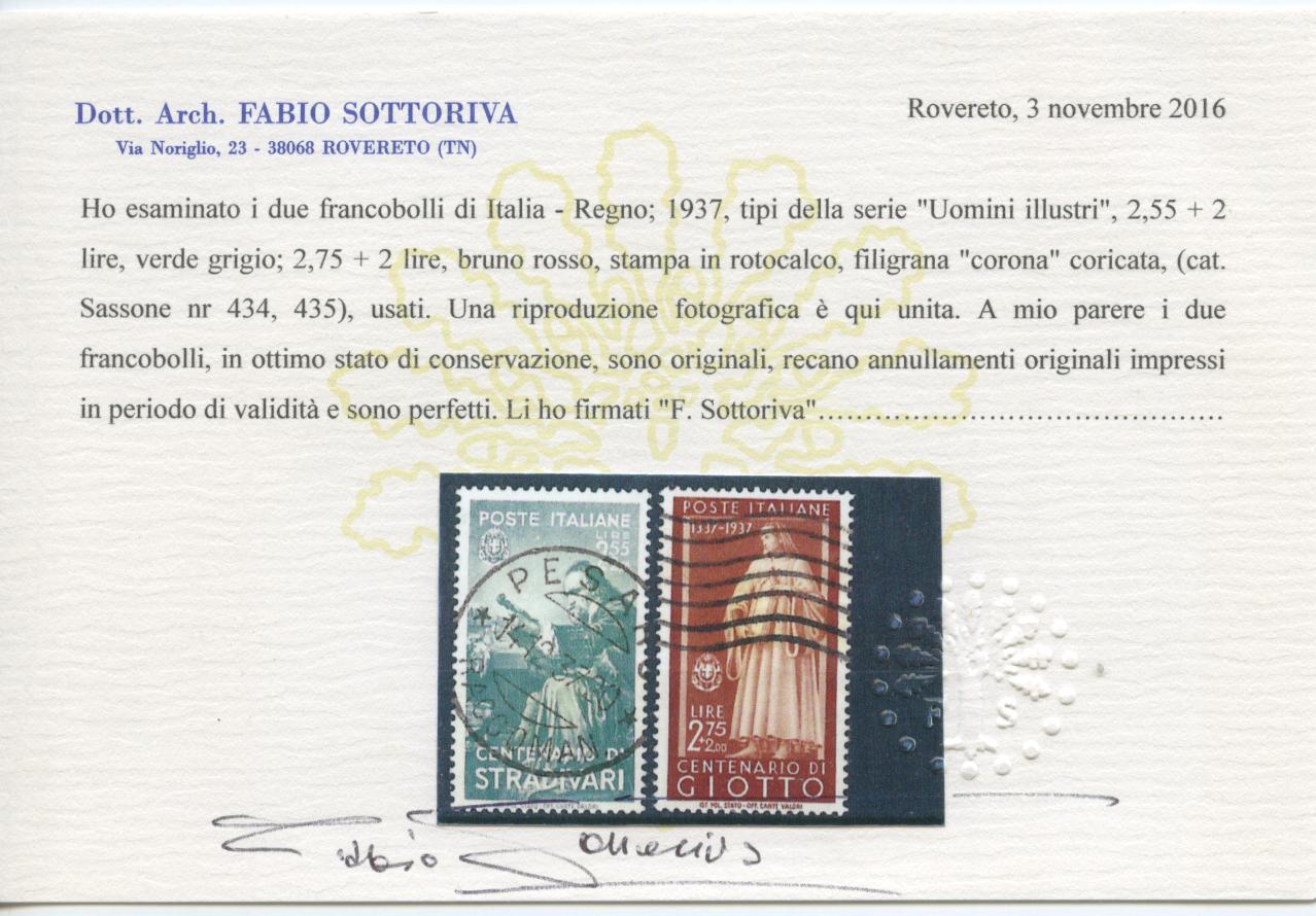 Scansione lotto: REGNO 1937 ILLUSTRI 10V.(originale) 7 US.  CERT.