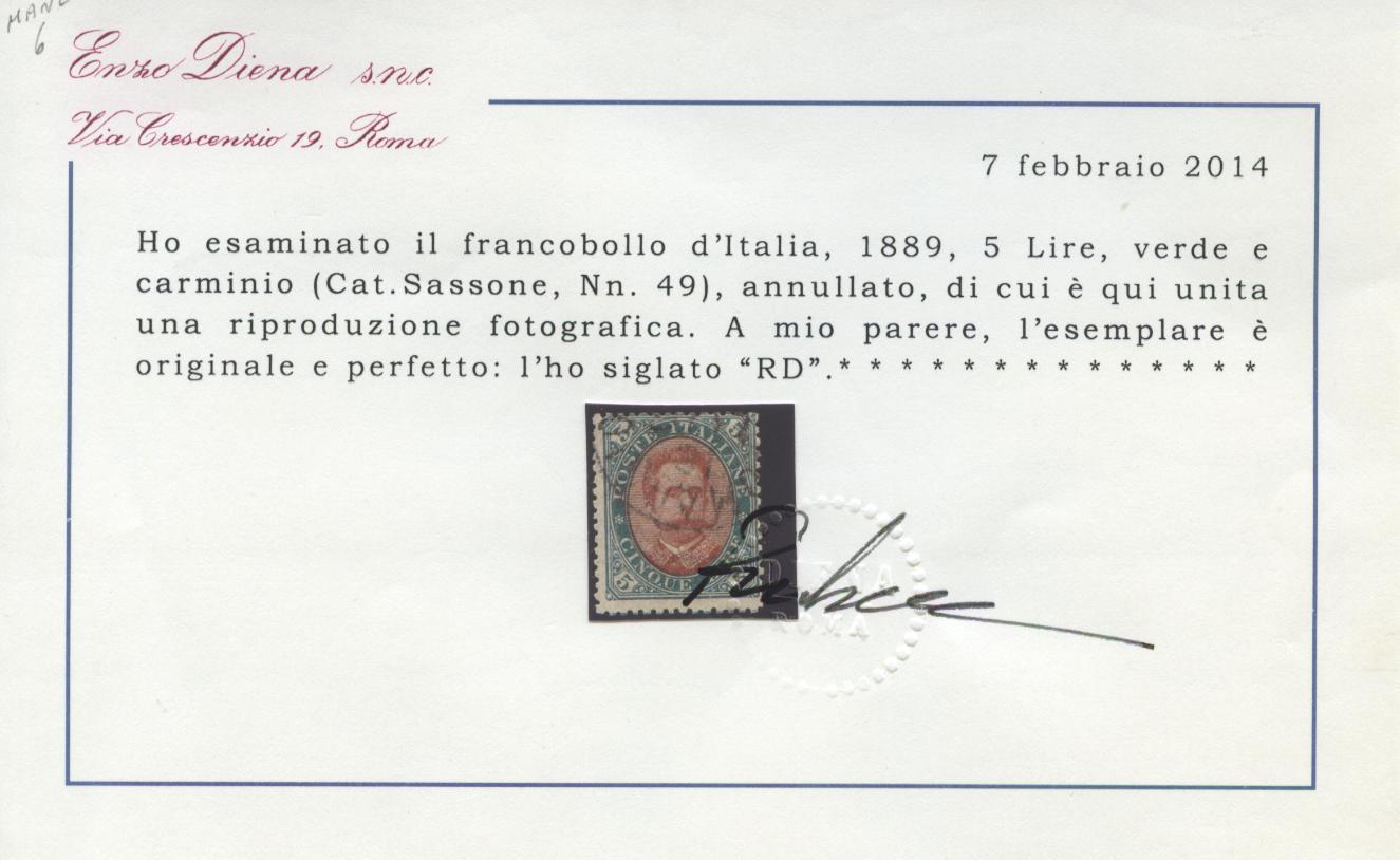 Scansione lotto: REGNO 1889 L.5 US.  CERT.