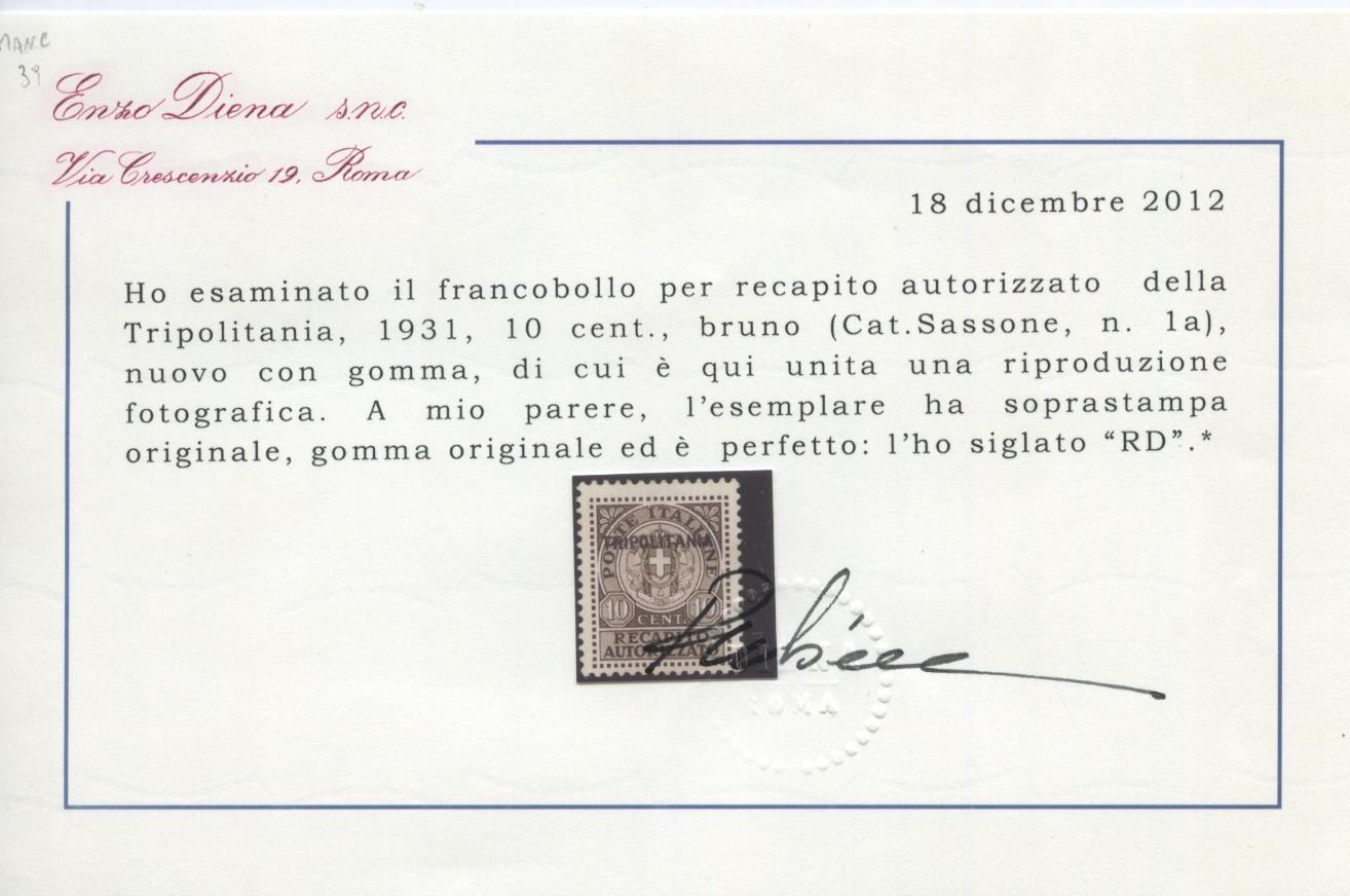 Scansione lotto: COLONIE TRIPOLITANIA 1931 RECAPITO  N.1A * LUSSO CERT.