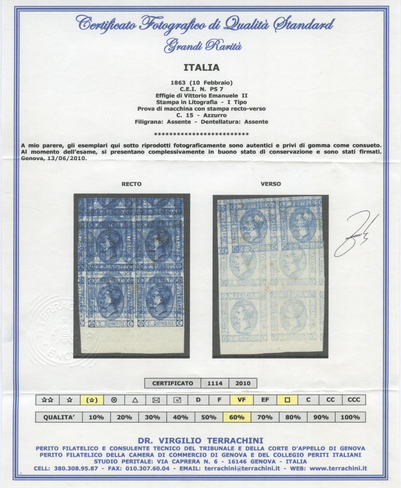 Scansione lotto: REGNO 1863 15C. I TIPO VARIETA' X 4 SG  CERT.