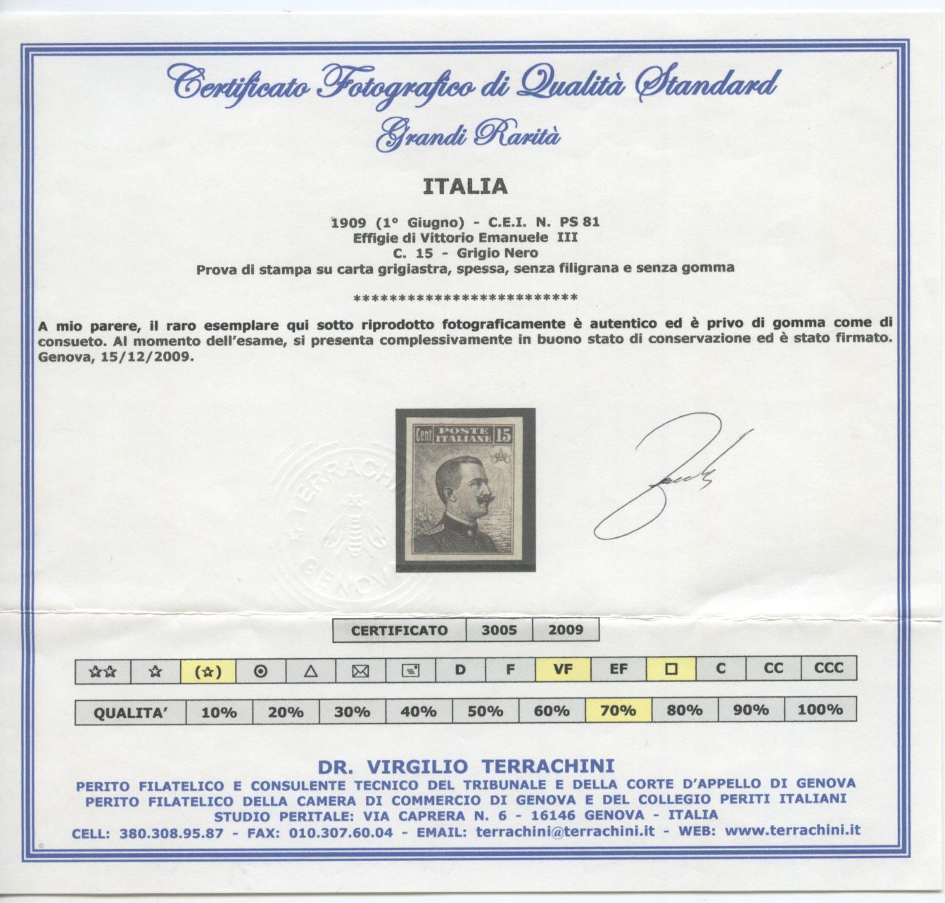 Scansione lotto: REGNO 1909 15C. RARO PROVA 4 SG  CERT.