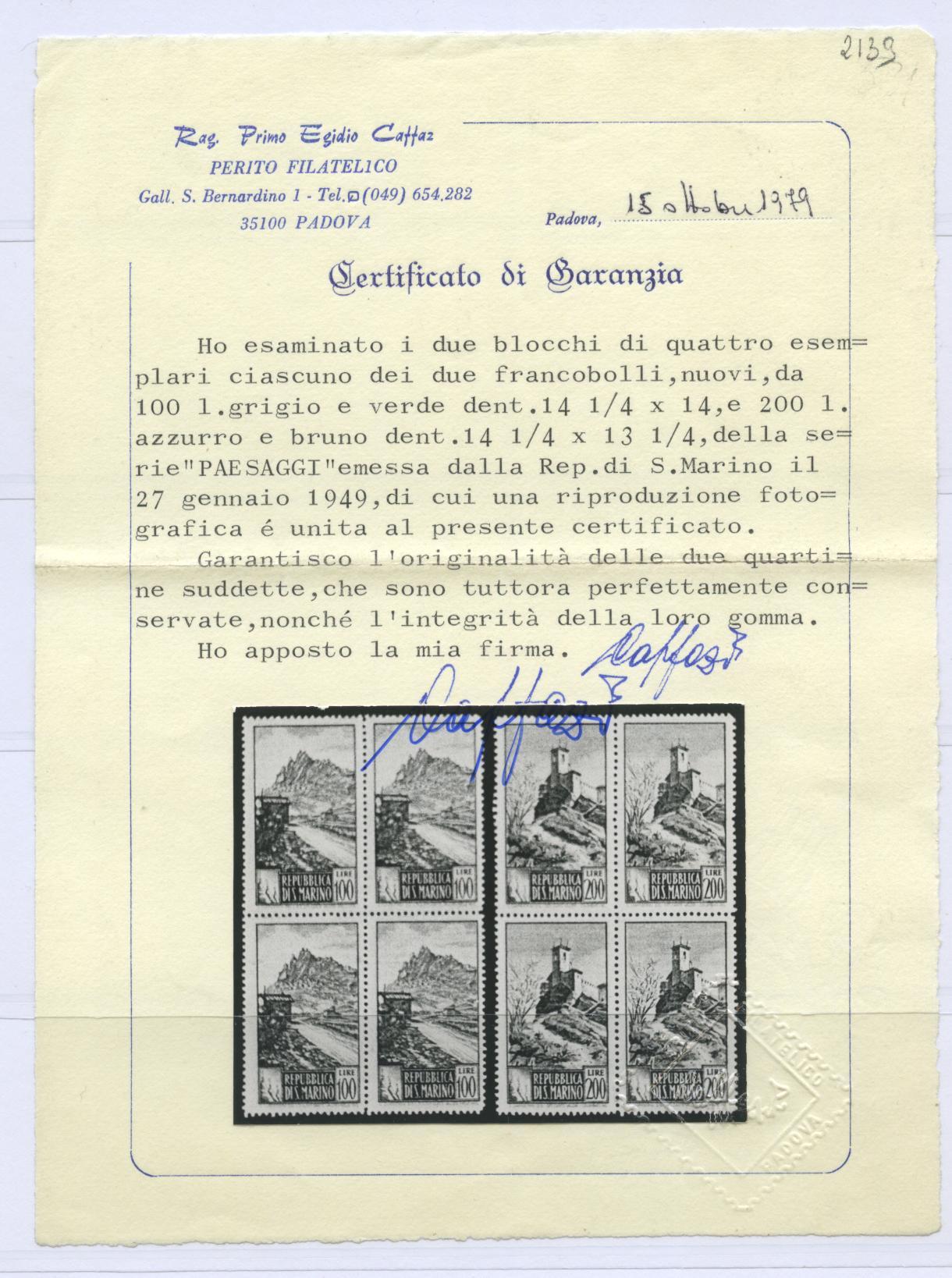 Scansione lotto: SAN MARINO 1949 PAESAGGI 16V. X4 ** LUSSO CERT.