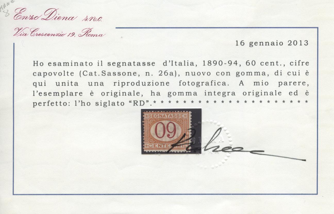 Scansione lotto: REGNO 1890 TASSE 60C. CAPOVOLTO **  CERT.