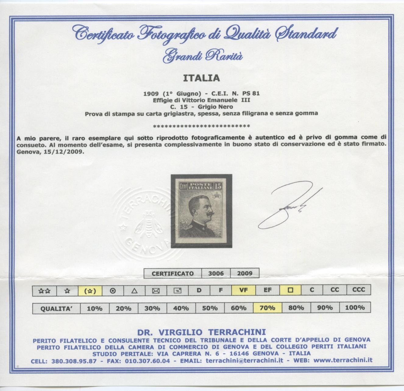 Scansione lotto: REGNO 1909 15C. RARO PROVA STAMPA 3 SG  CERT.