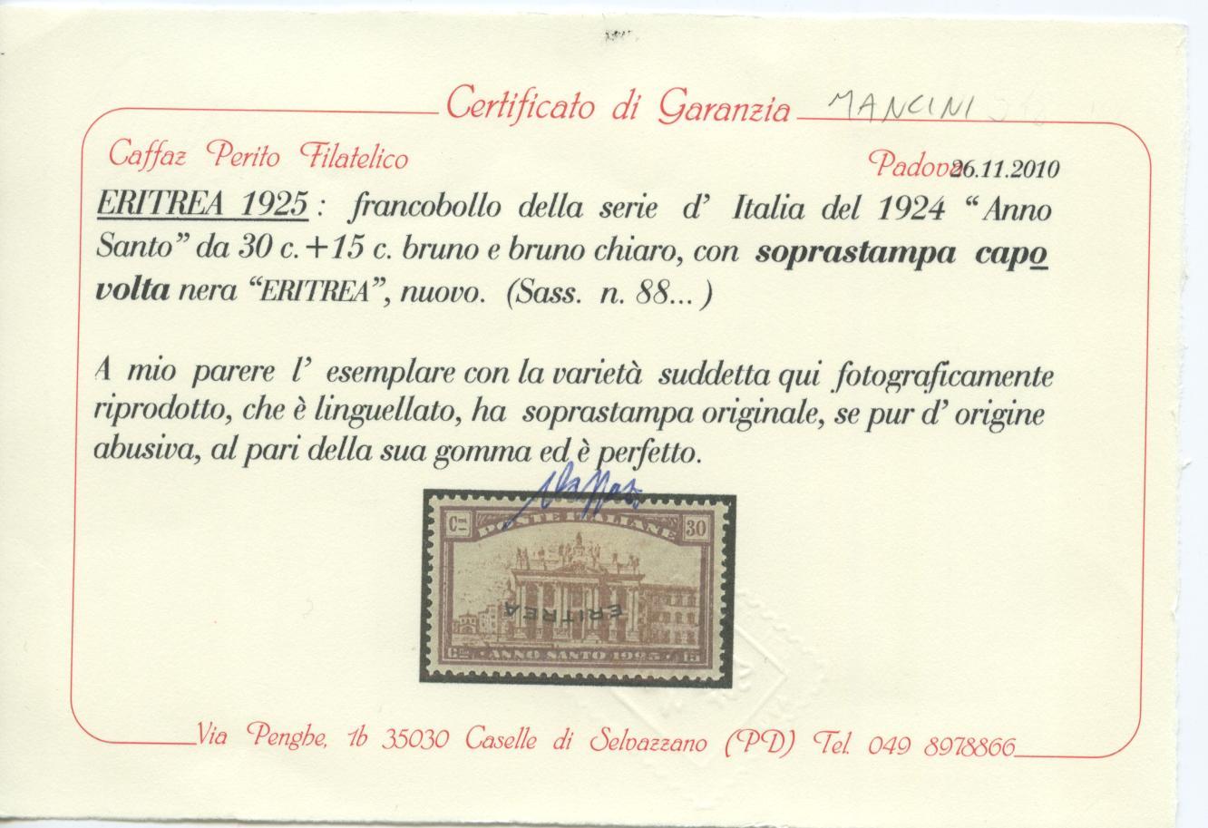 Scansione lotto: COLONIE ERITREA 1925 N.88 *  CERT.