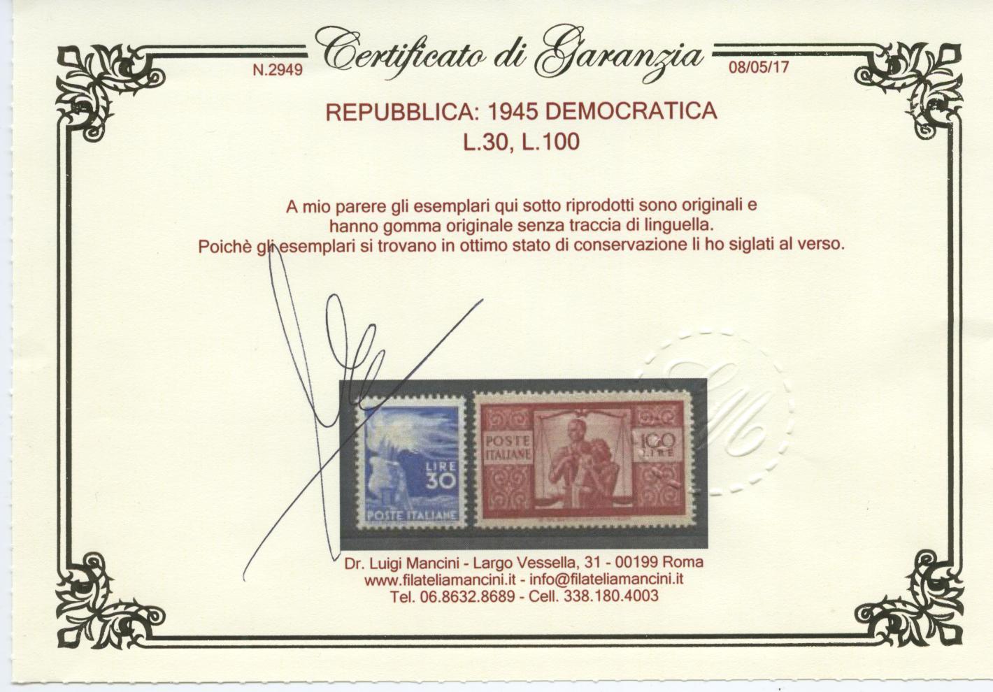 Scansione lotto: REPUBBLICA 1945 DEMOCRATICA 23V. 7 ** LUSSO CERT.