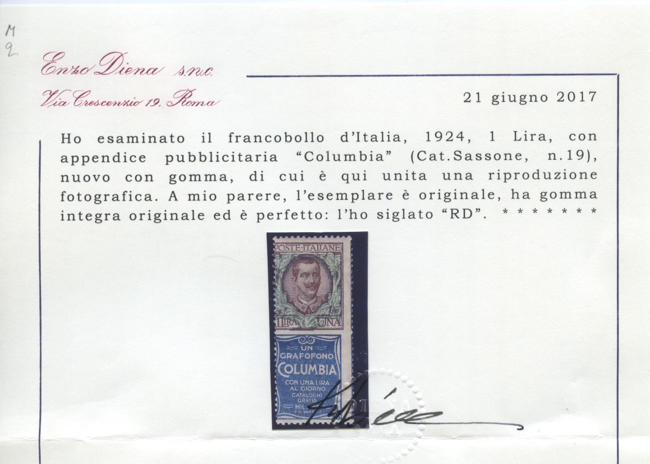 Scansione lotto: REGNO 1924 L.1 COLUMBIA 4 **  CERT.