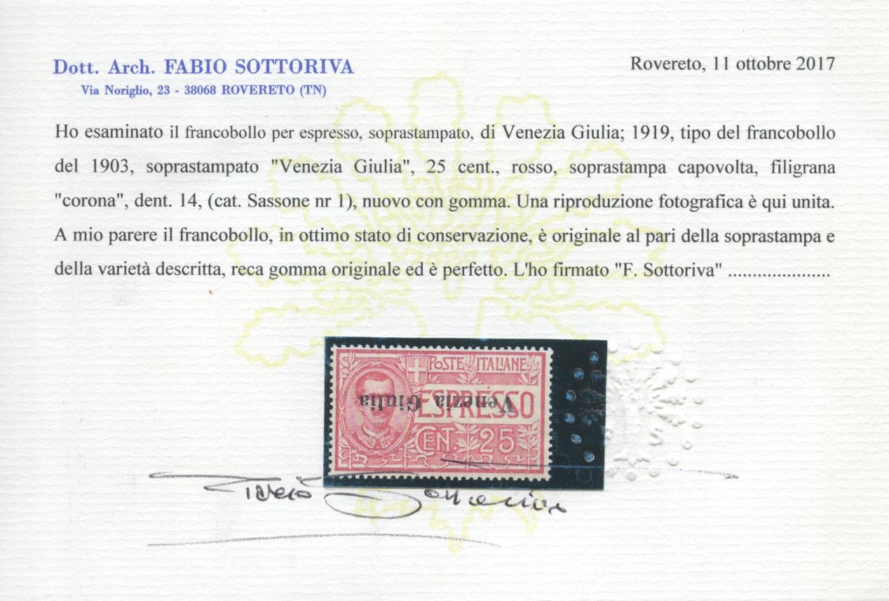 Scansione lotto: OCCUPAZIONI VENEZIA GIULIA 1919 ESPRESSO ROV. *  CERT.