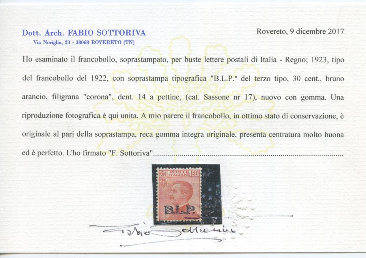 Scansione lotto: REGNO 1923 BLP 30C. III TIPO ** CENTRATO CERT.