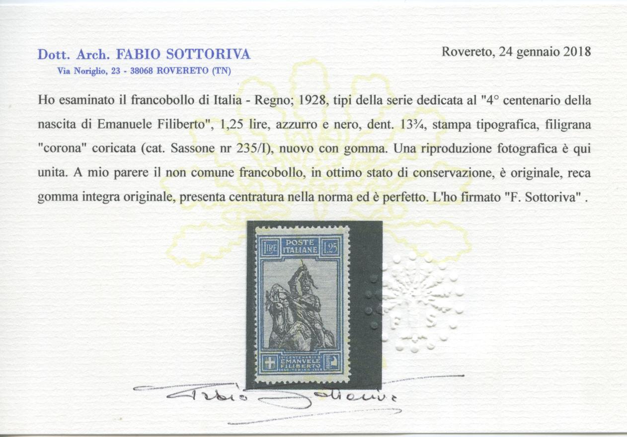 Scansione lotto: REGNO 1928 FILIBERTO L.1,25 RARO **  CERT.