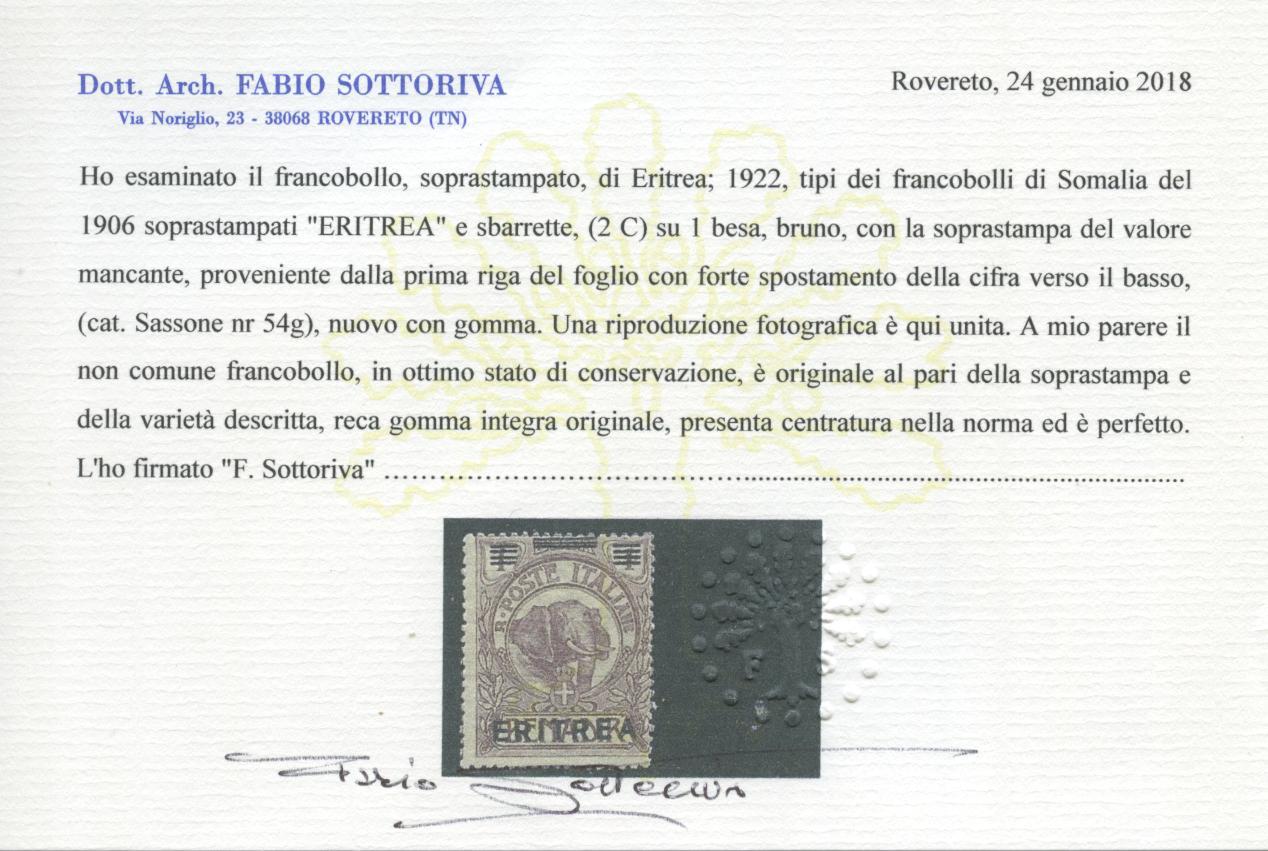 Scansione lotto: COLONIE ERITREA 1922 2C. SU 1B. SENZA CIFRA 2 **  CERT.