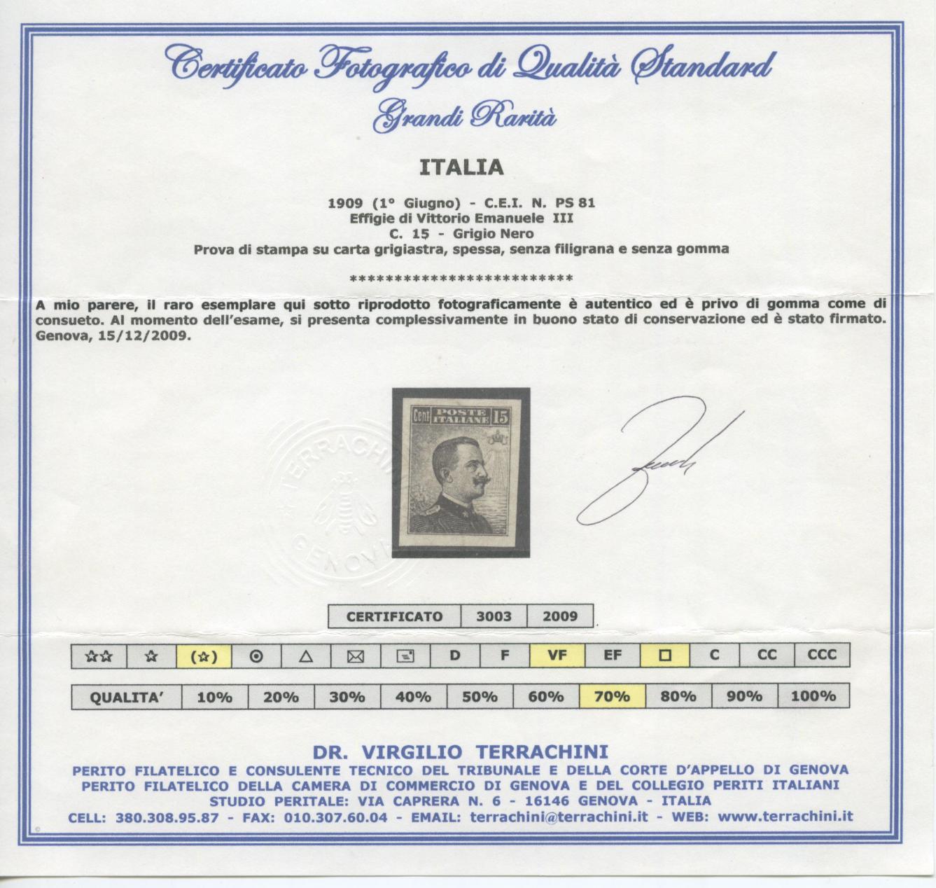 Scansione lotto: REGNO 1909 15C. RARO PROVA SG  CERT.