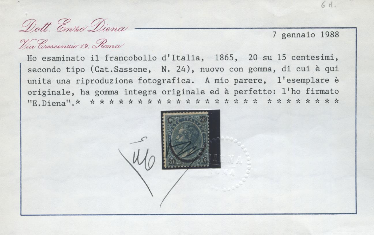 Scansione lotto: REGNO 1865 20C. SU 15C. II TIPO 2 **  CERT.