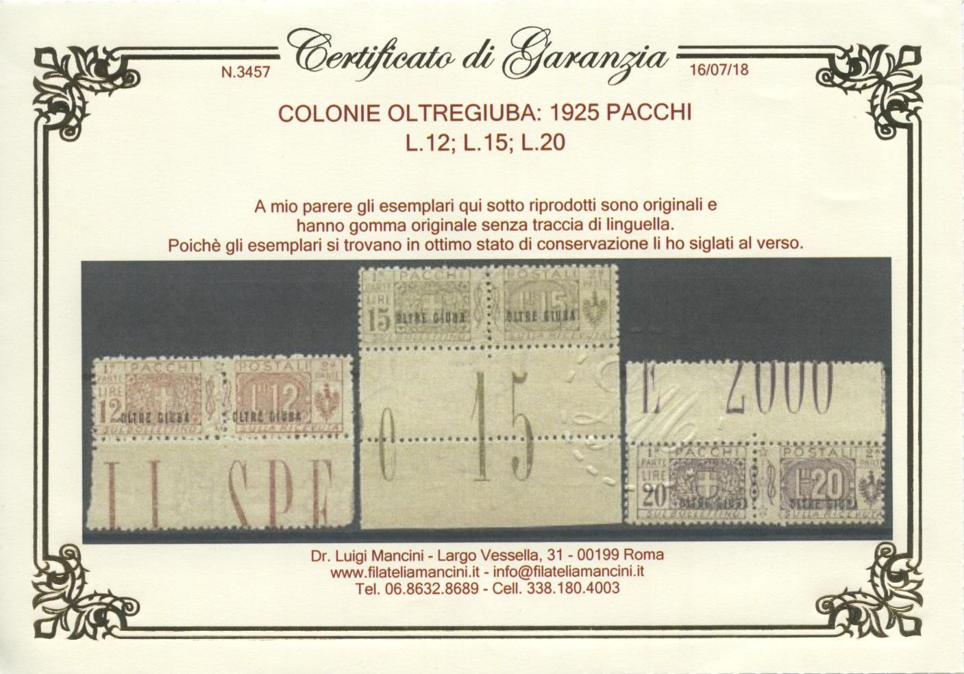 Scansione lotto: COLONIE OLTREGIUBA 1925 PACCHI 13V. ** LUSSO CERT.