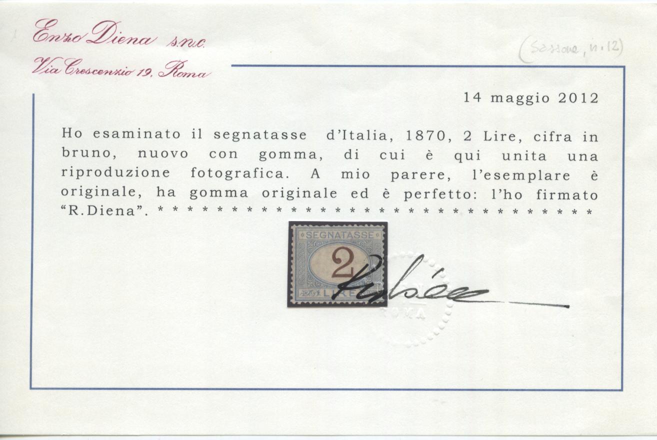 Scansione lotto: REGNO 1870 TASSE L.2 6 * CENTRATO CERT.