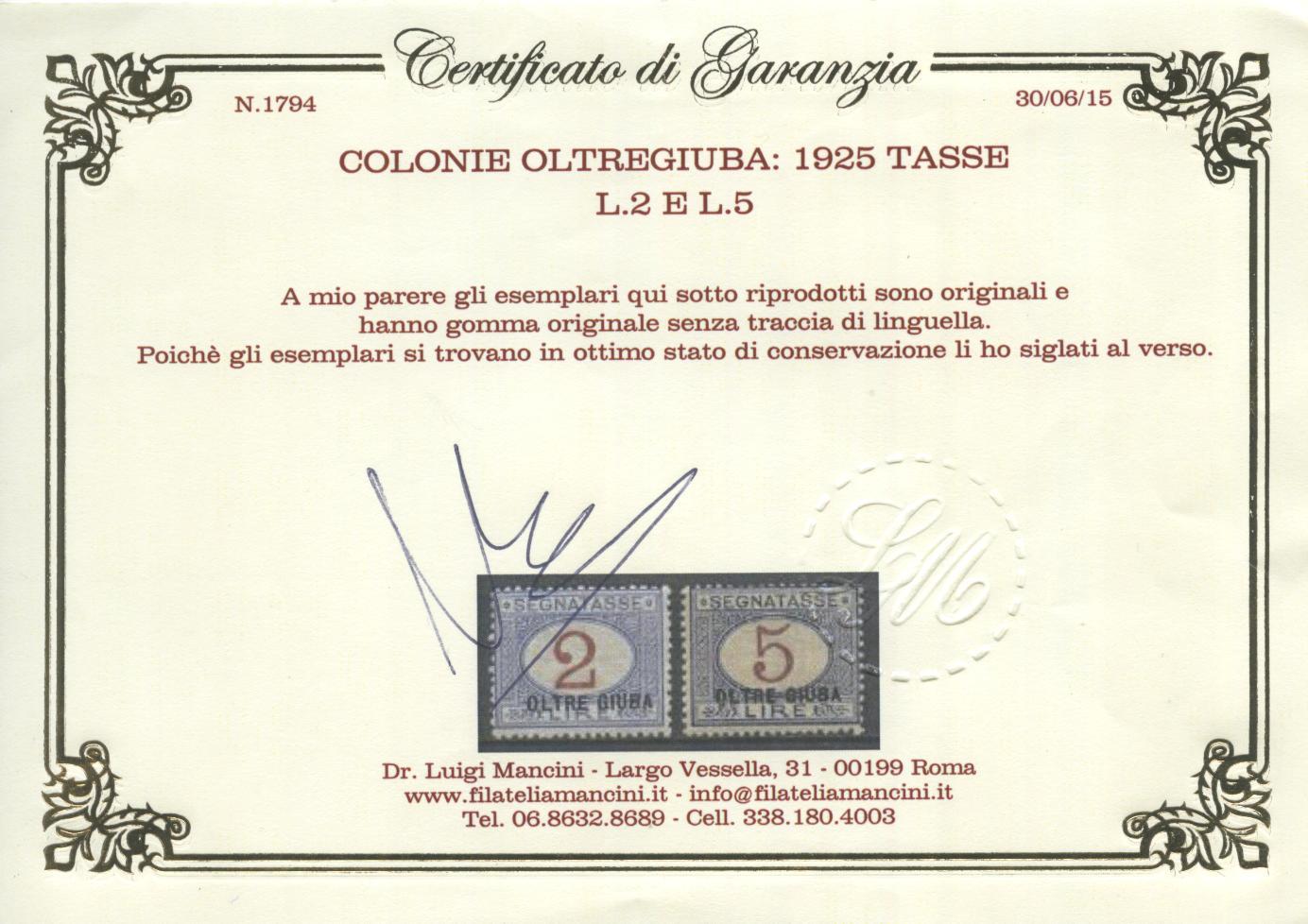 Scansione lotto: COLONIE OLTREGIUBA 1925 TASSE 10V. 2 **  CERT.