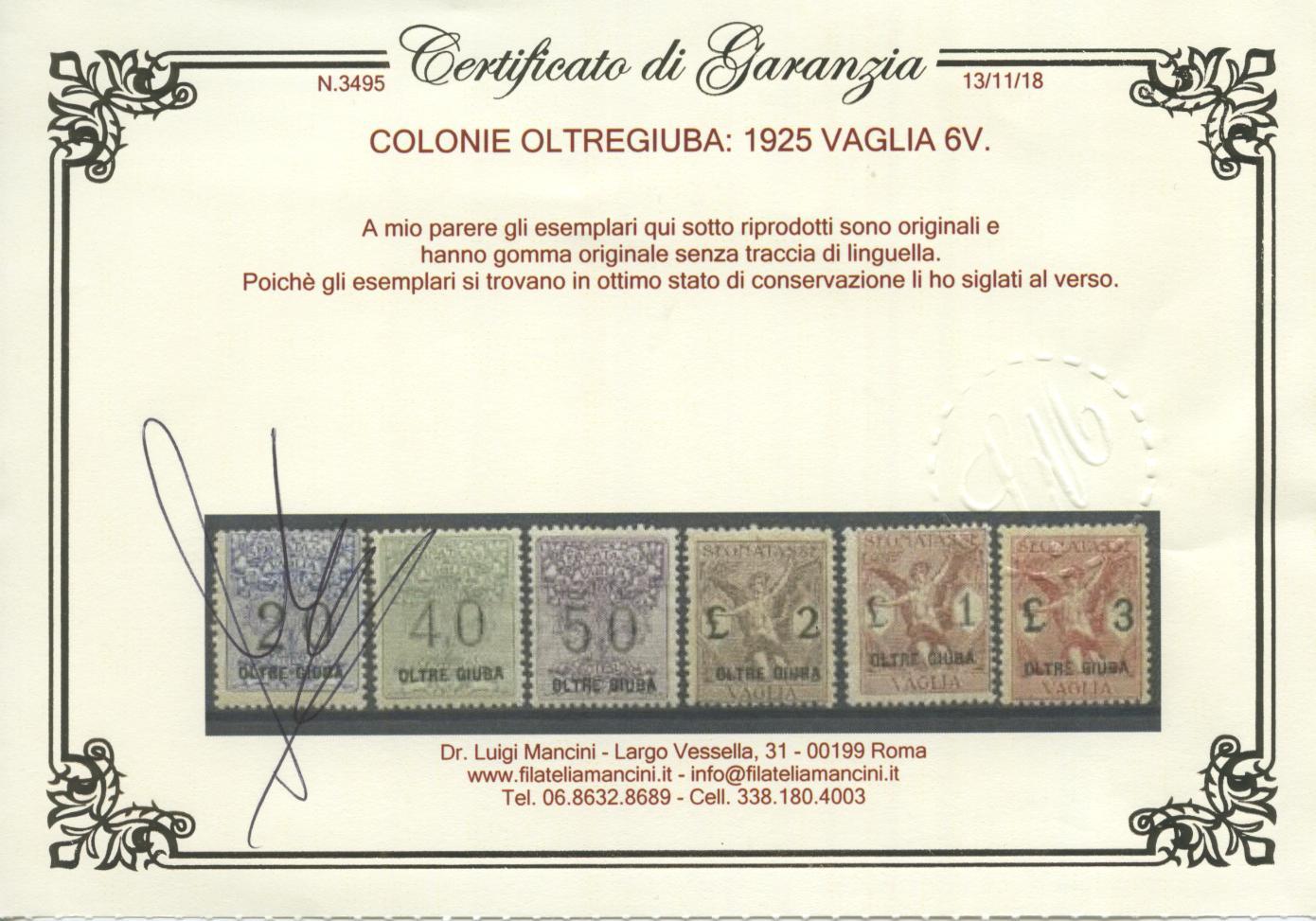 Scansione lotto: COLONIE OLTREGIUBA 1925 VAGLIA 6V. 2 ** CENTRATO CERT.