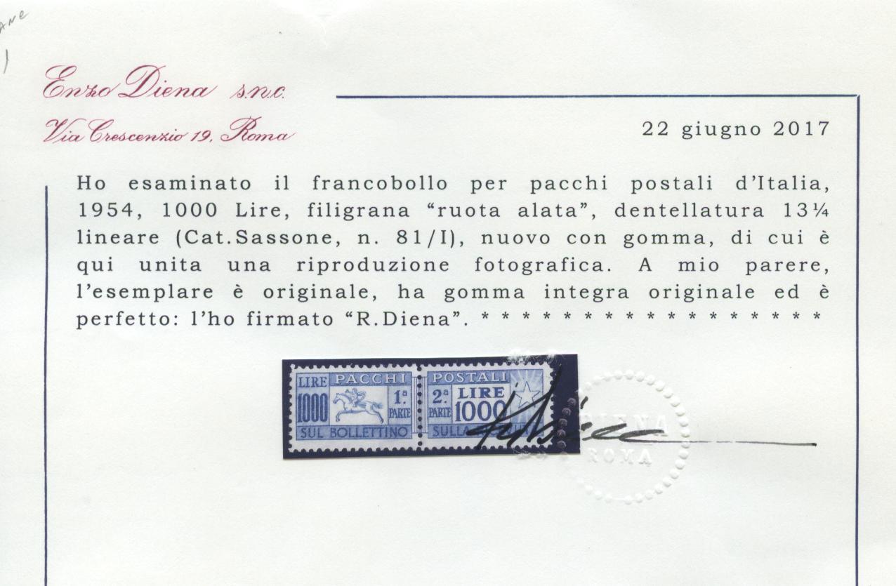 Scansione lotto: REPUBBLICA 1954 CAVALLINO 1000L. ** CENTRATO CERT.