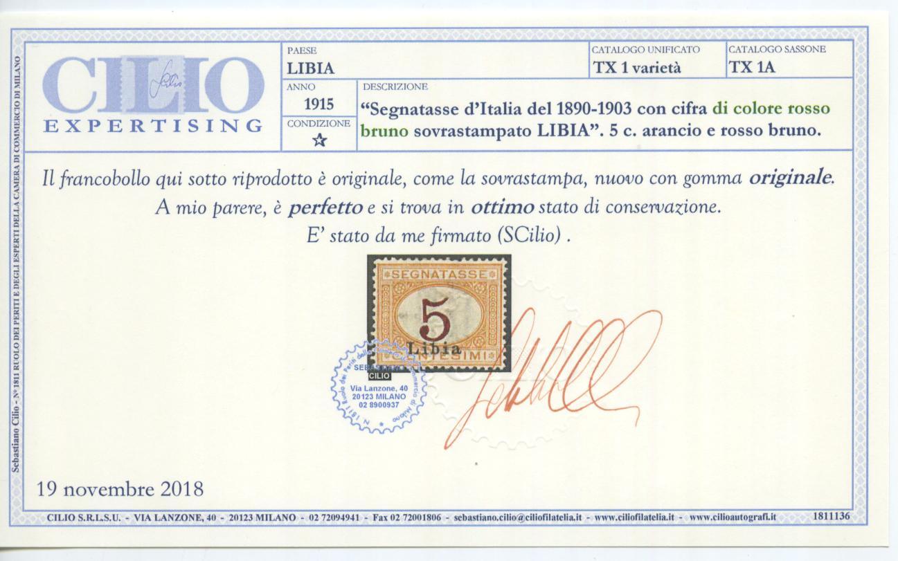 Scansione lotto: COLONIE LIBIA 1915 TASSE C.5 N.1A 2 * CENTRATO CERT.