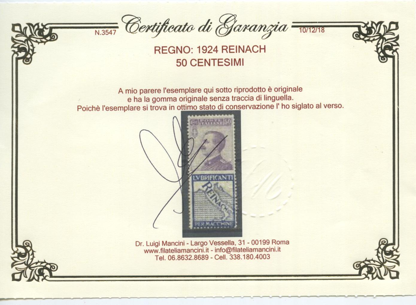 Scansione lotto: REGNO 1924 50C. REINACH 4 **  CERT.