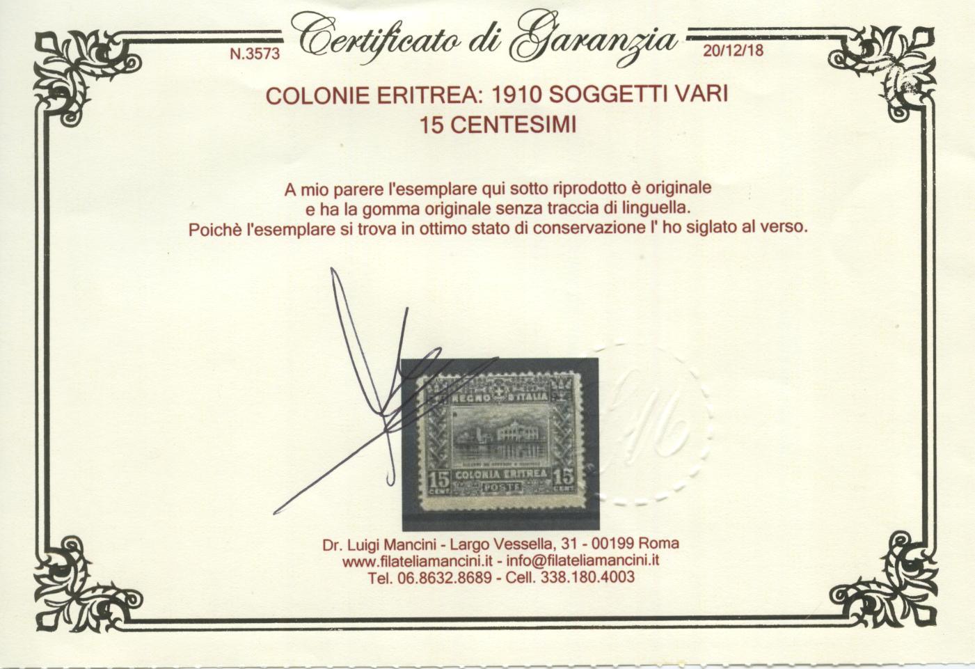 Scansione lotto: COLONIE ERITREA 1910 SOGGETTI VARI 4V. 6 **  CERT.