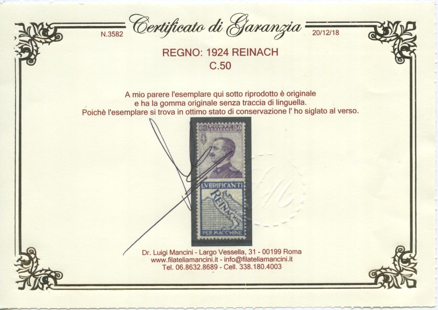 Scansione lotto: REGNO 1924 50C. REINACH ** CENTRATO CERT.