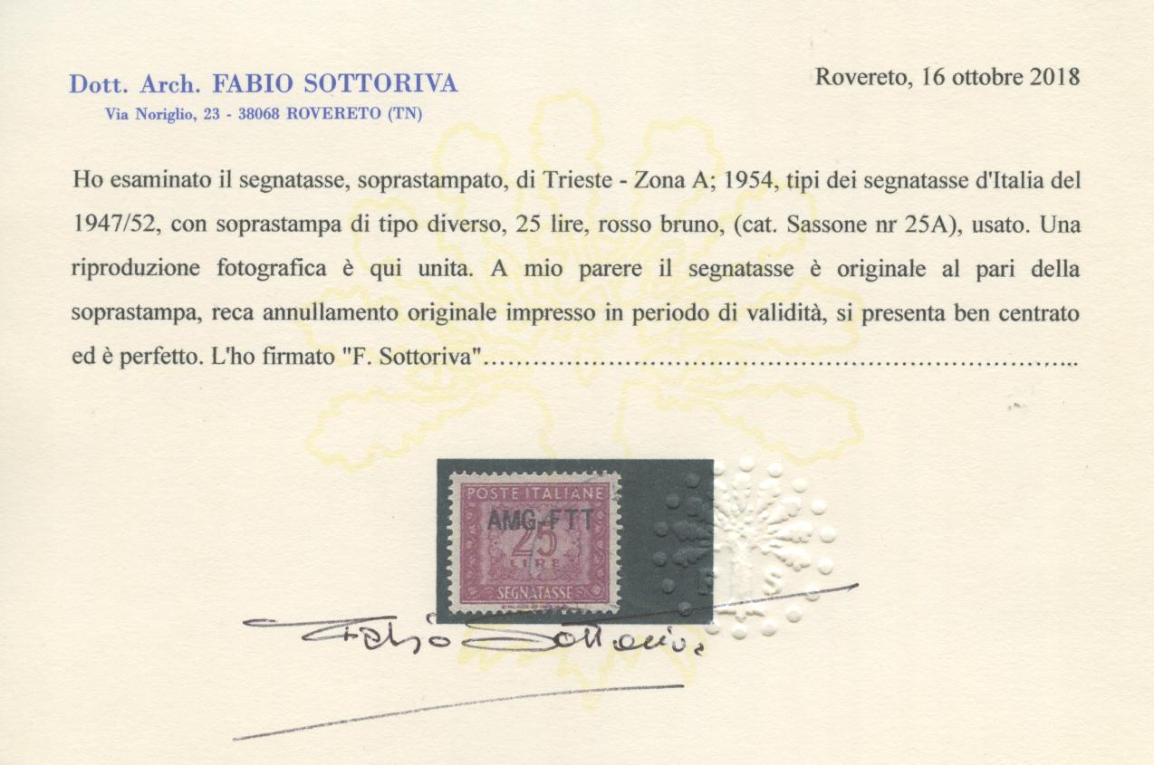 Scansione lotto: TRIESTE 1954 TASSE L.25 RARO 2 US.  CERT.