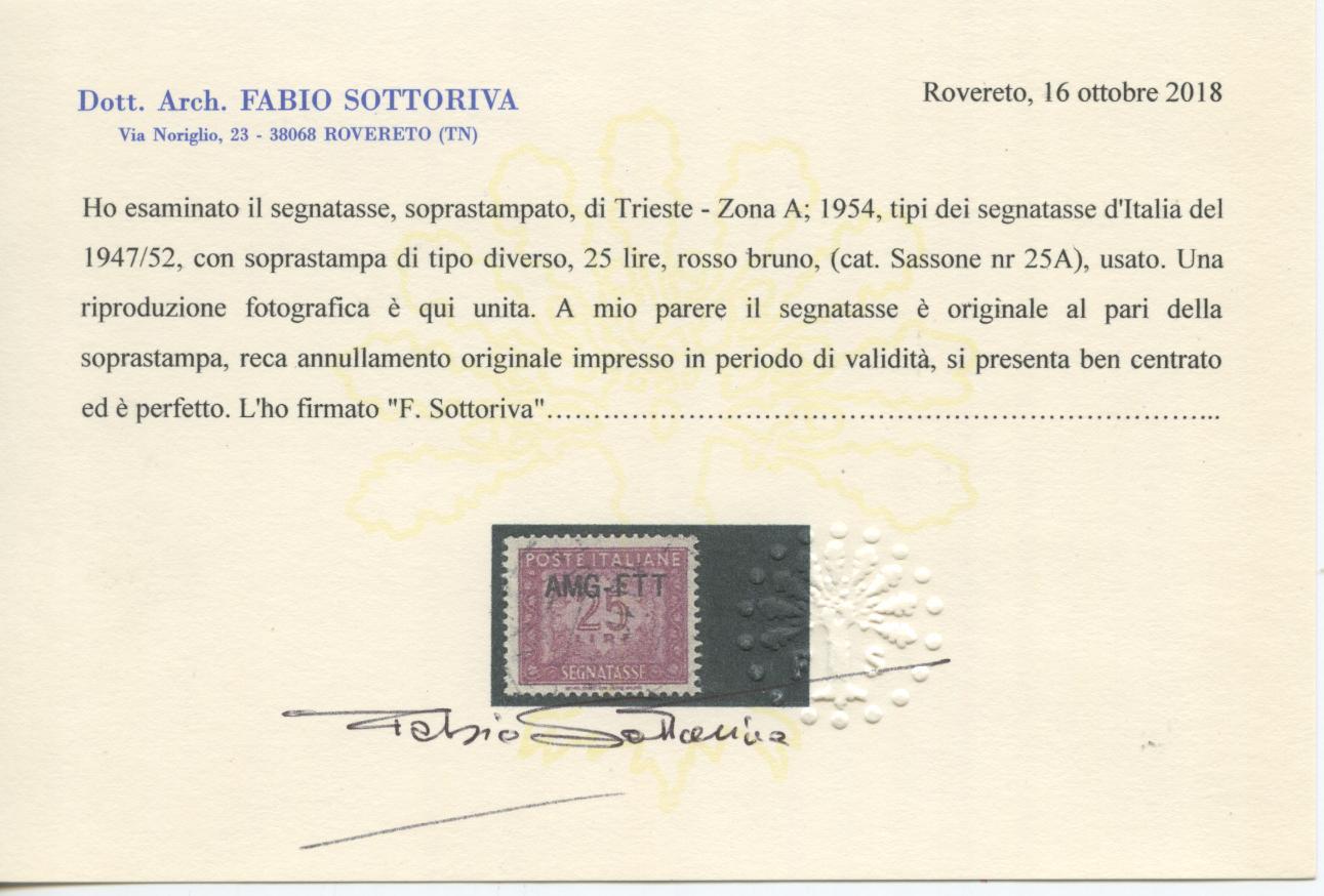 Scansione lotto: TRIESTE 1954 TASSE L.25 RARO 3 US.  CERT.