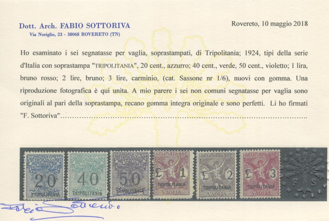 Scansione lotto: COLONIE TRIPOLITANIA 1924/6 VAGLIA 6V. MISTA **  CERT.