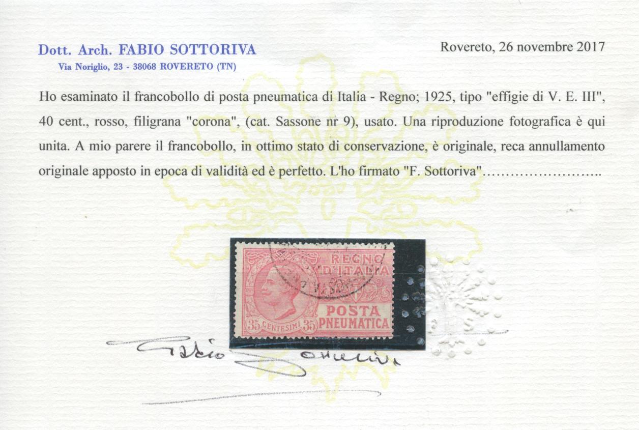 Scansione lotto: REGNO 1925 POSTA PNEUMATICA 2V. 4 US.  CERT.