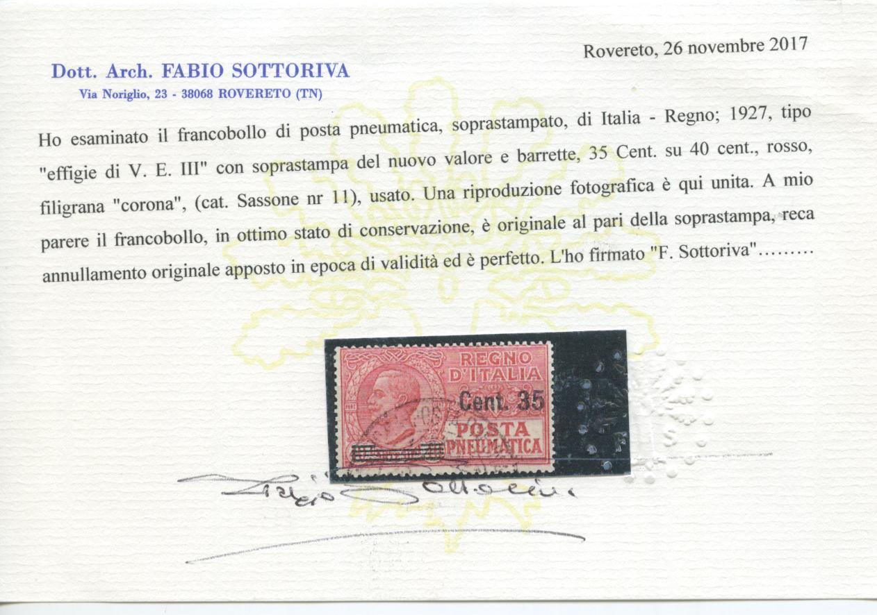 Scansione lotto: REGNO 1927/8 POSTA PNEUMATICA 2V. 2 US. CENTRATO CERT.