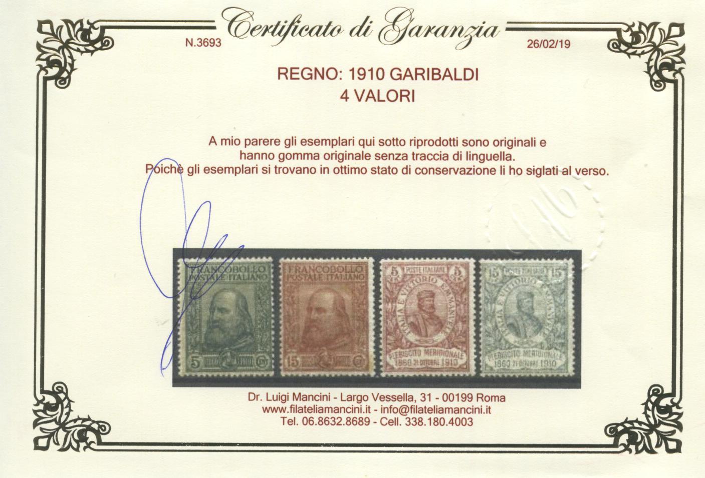 Scansione lotto: REGNO 1910 GARIBALDI 4V. 7 ** CENTRATO CERT.