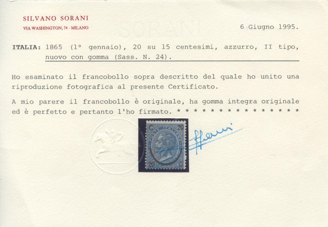 Scansione lotto: REGNO 1865 20C. SU 15C. II TIPO 3 **  CERT.