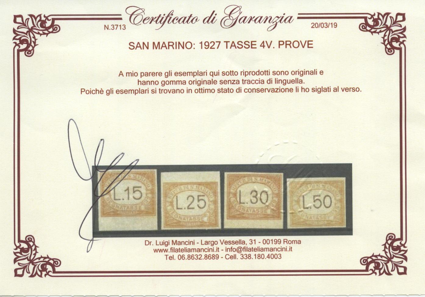 Scansione lotto: SAN MARINO 1927 TASSE 4V. PROVE SG  CERT.