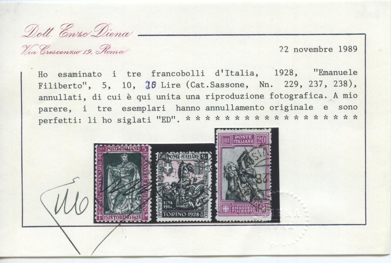 Scansione lotto: REGNO 1928 FILIBERTO 13V. 2 US.  CERT.