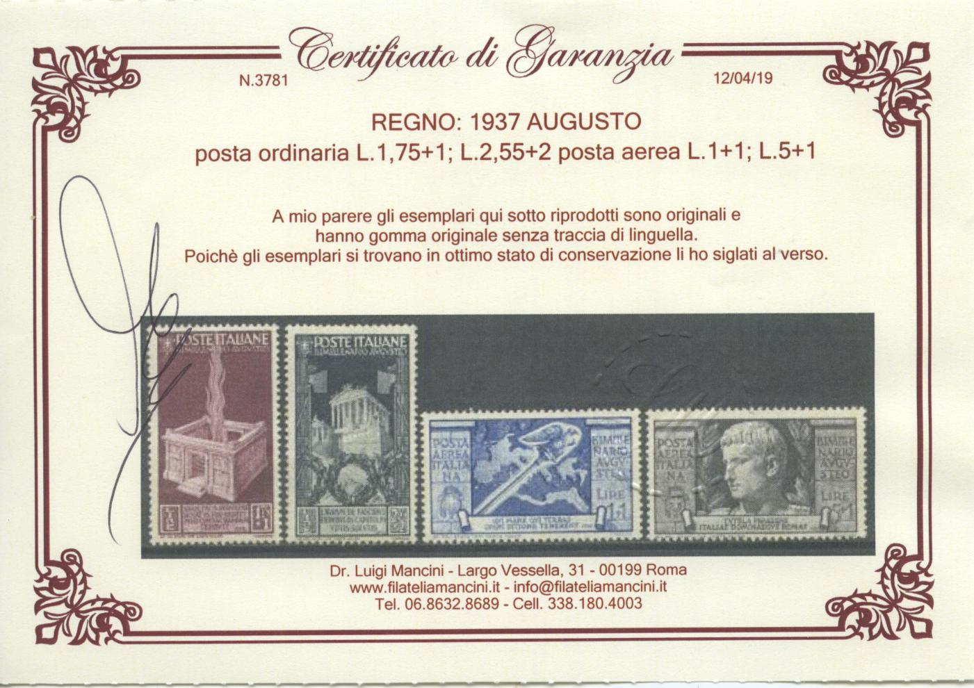 Scansione lotto: REGNO 1937 AUGUSTO 15V. 2 ** LUSSO CERT.