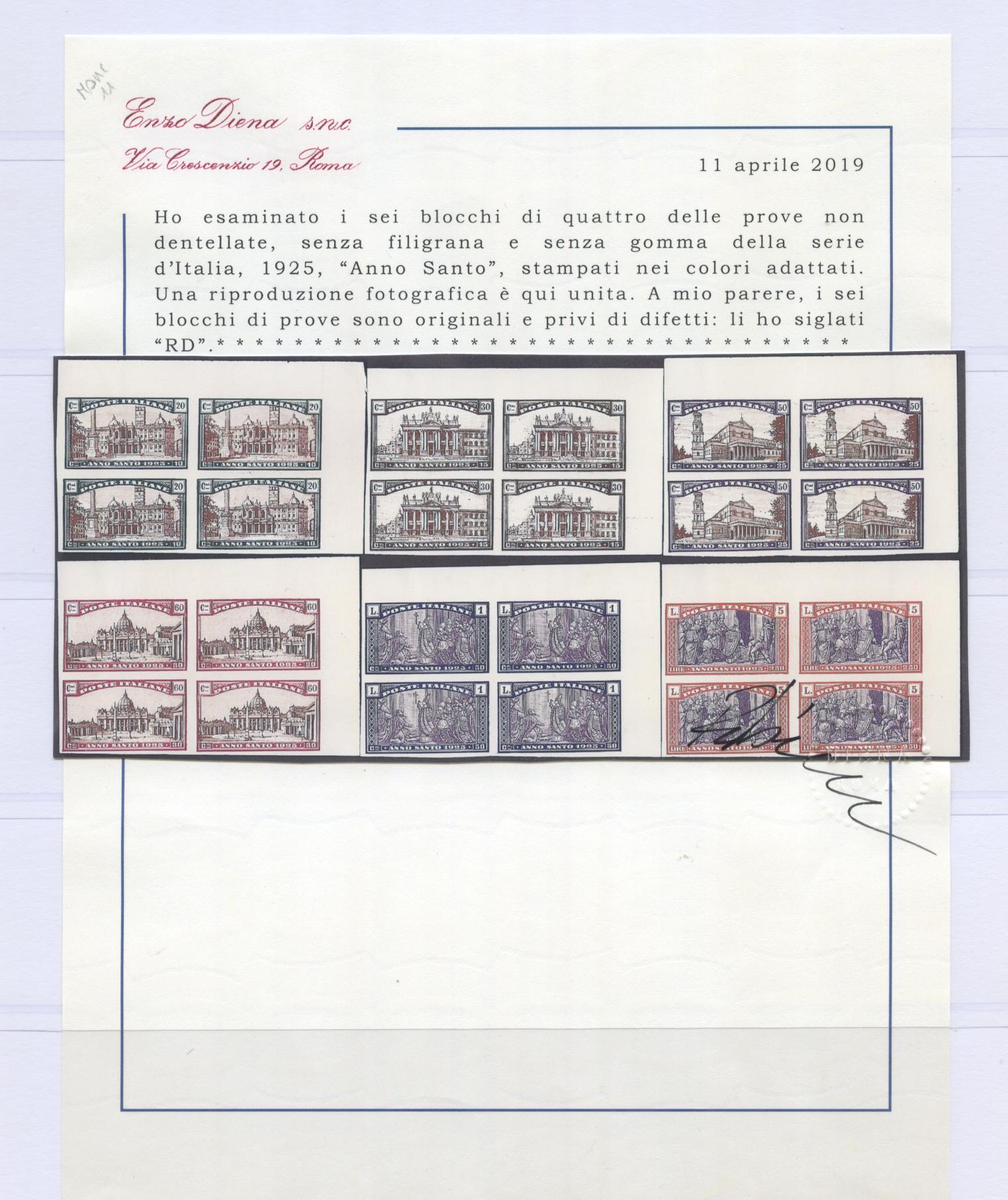 Scansione lotto: REGNO 1924 ANNO SANTO 6V. PROVA X4 3 SG  CERT.