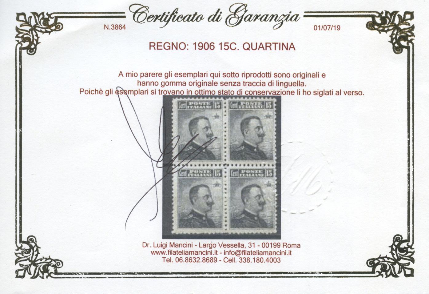 Scansione lotto: REGNO 1906 15C. QUARTINA ** CENTRATO CERT.