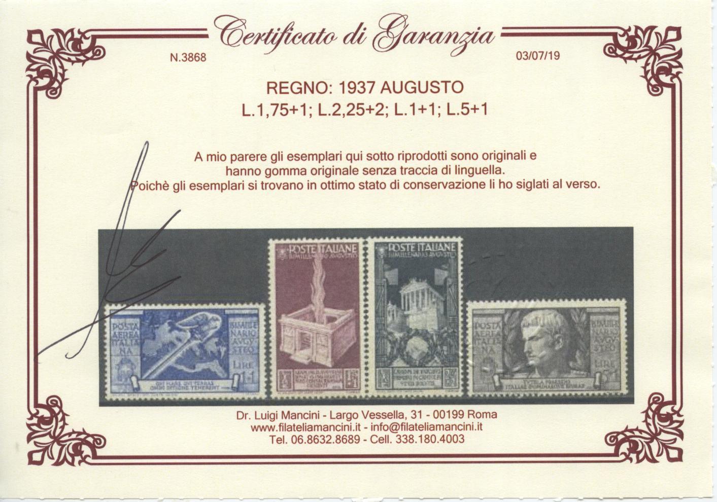 Scansione lotto: REGNO 1937 AUGUSTO 15V. 2 ** CENTRATO CERT.