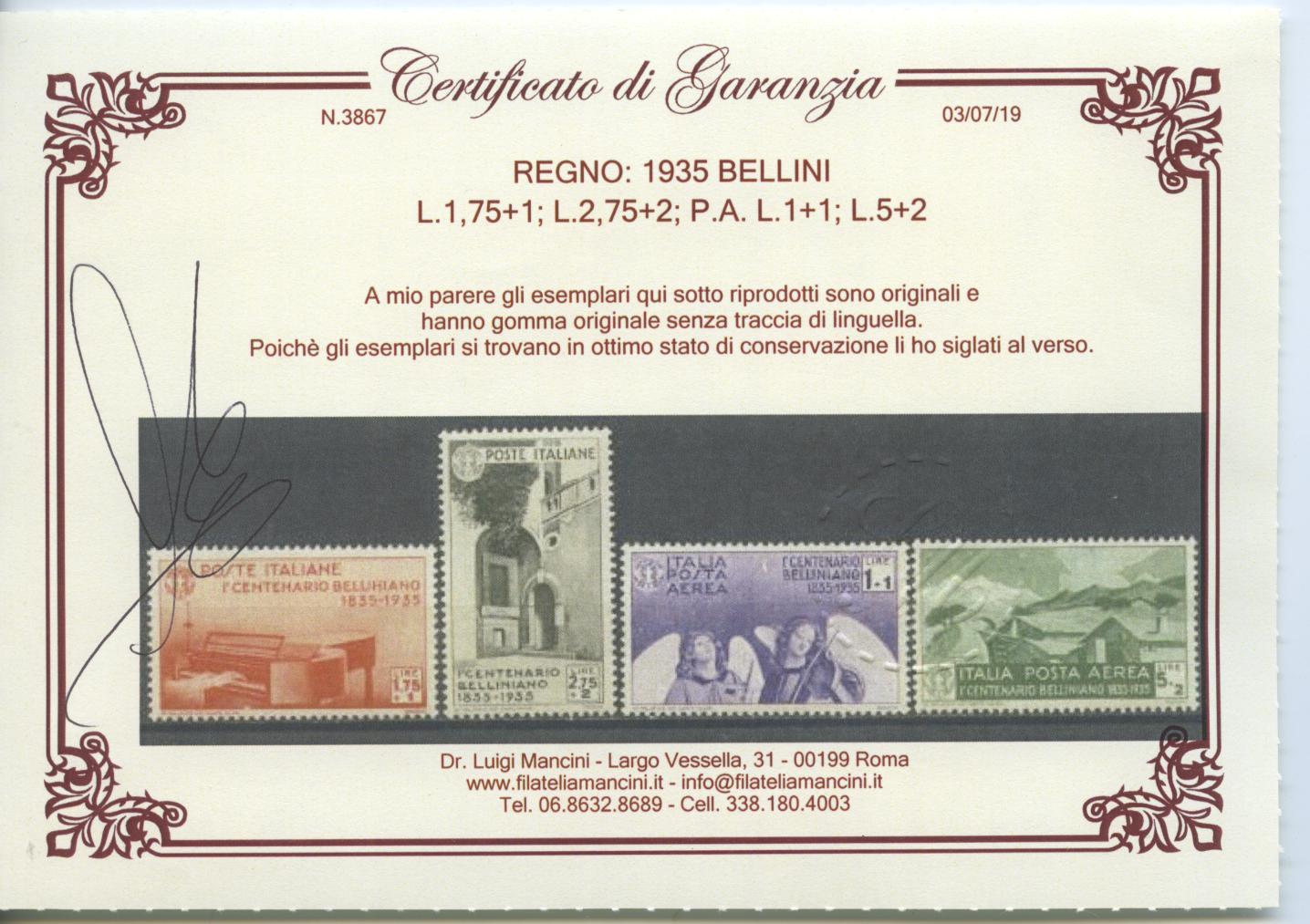 Scansione lotto: REGNO 1935 BELLINI 11V. 4 ** LUSSO CERT.