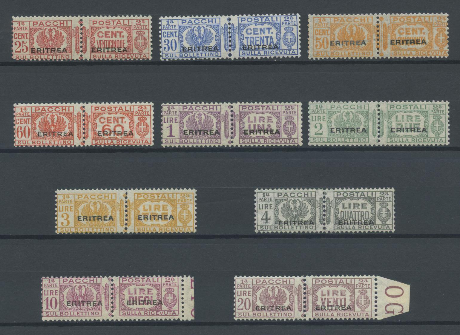 Scansione lotto: COLONIE ERITREA 1927/37 PACCHI 10V. 2 ** CENTRATO CERT.