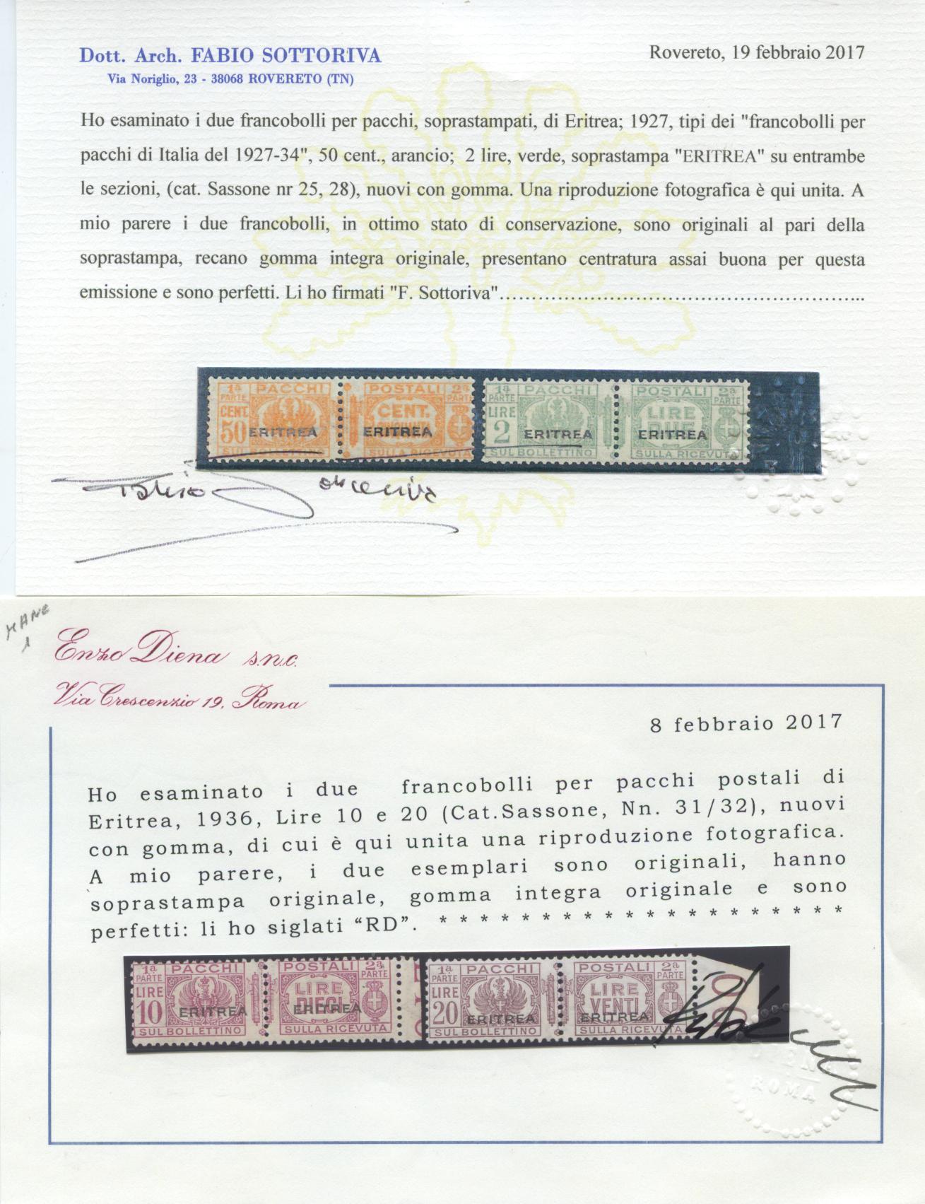 Scansione lotto: COLONIE ERITREA 1927/37 PACCHI 10V. 2 ** CENTRATO CERT.